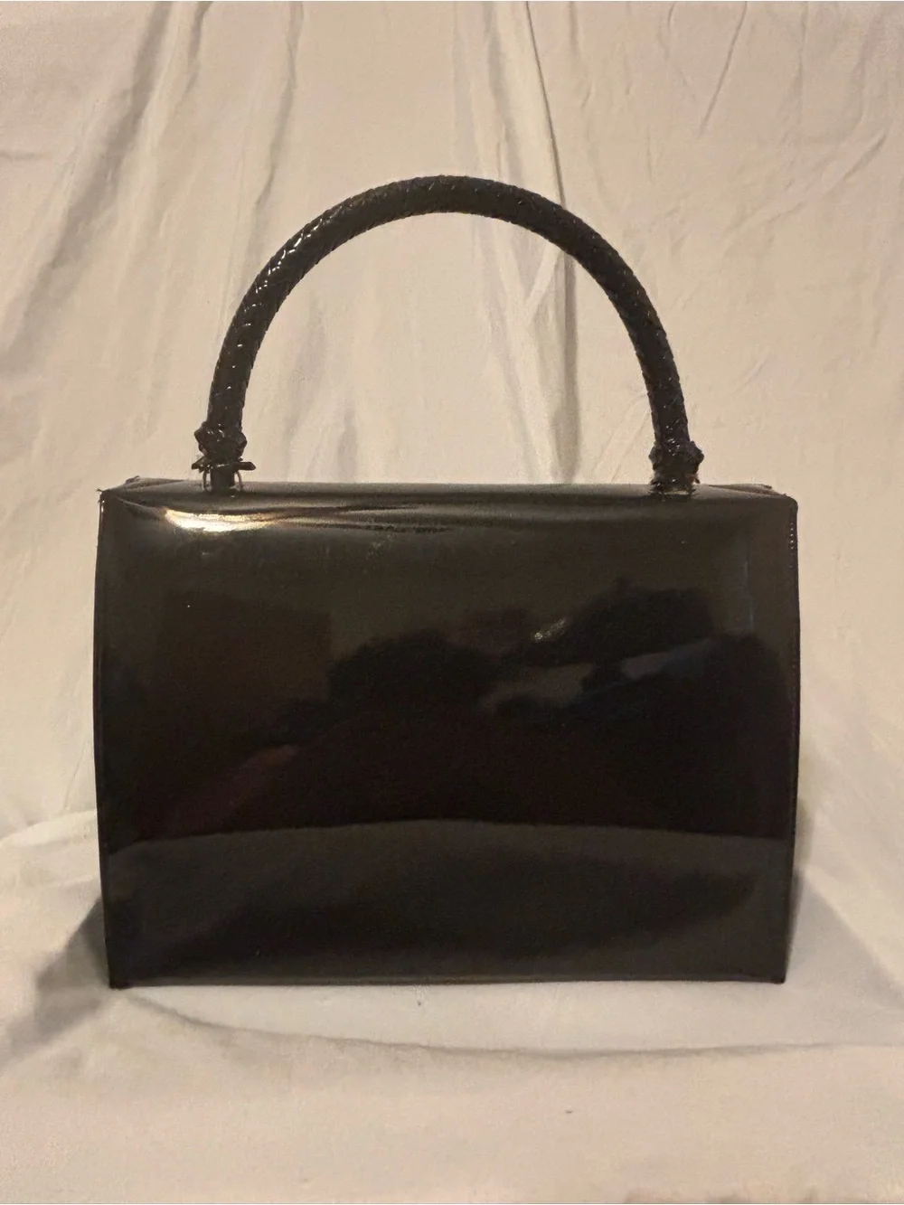 Vintage Mid-Century Crown Lewis Black Patent Satchel with Gold-Tone Lock
